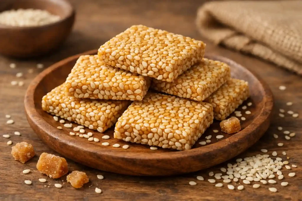Sesame seed chikki prepared with jaggery, a mineral rich traditional Indian snack in a small plate